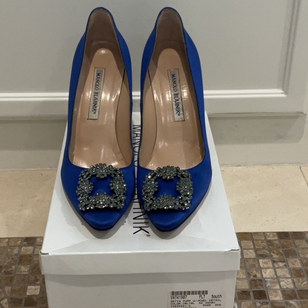 Manolo Blahnik Blue satin pump with jewel detail